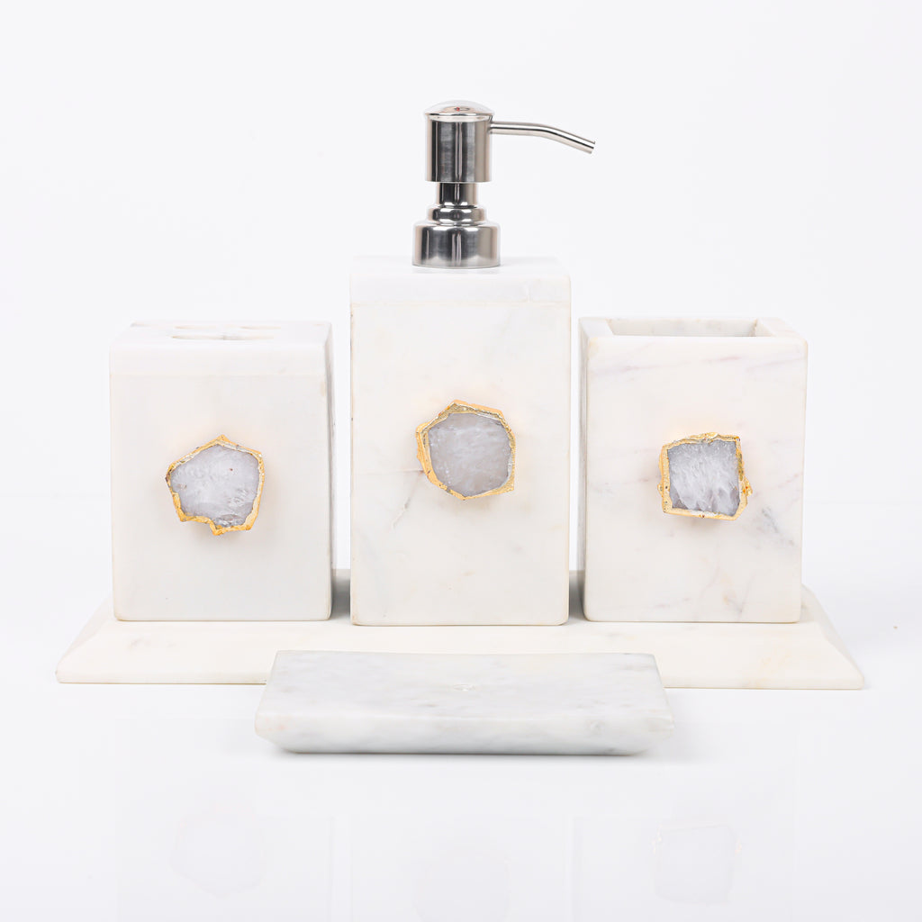White Marble with White Agate Bathroom Set, Set of 5