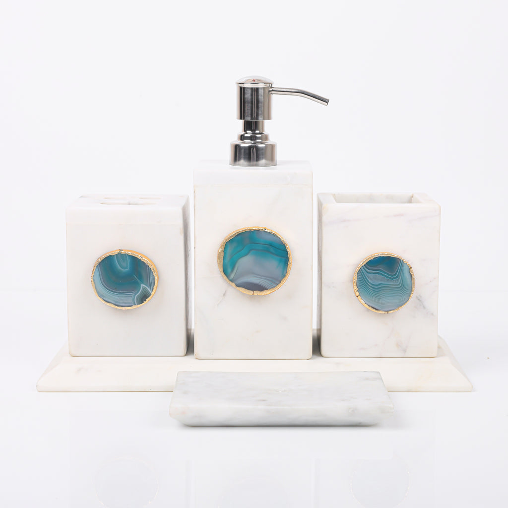 White Marble with Green Agate Bathroom Set, Set of 5