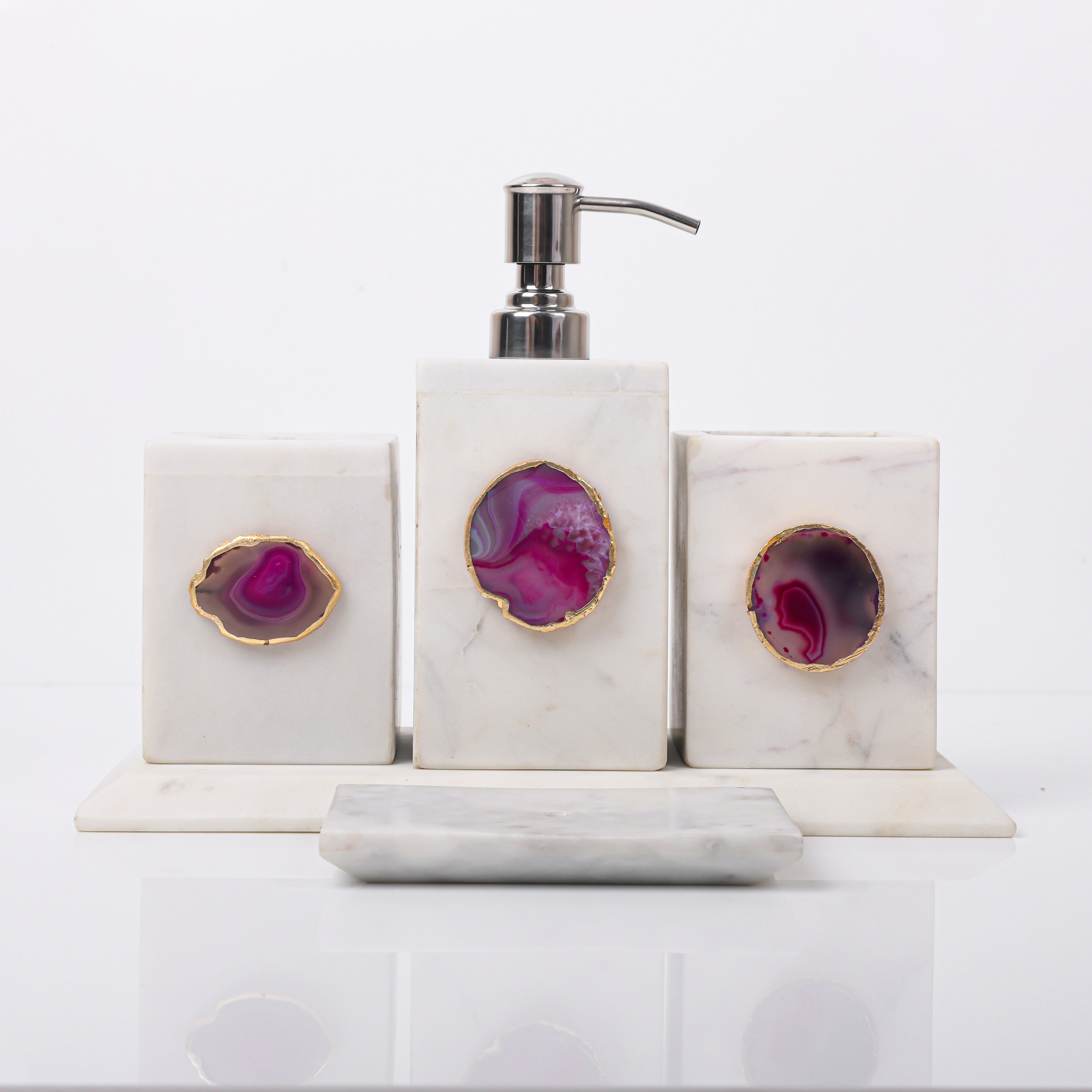 White Marble with Pink Agate Bathroom Set, Set of 5