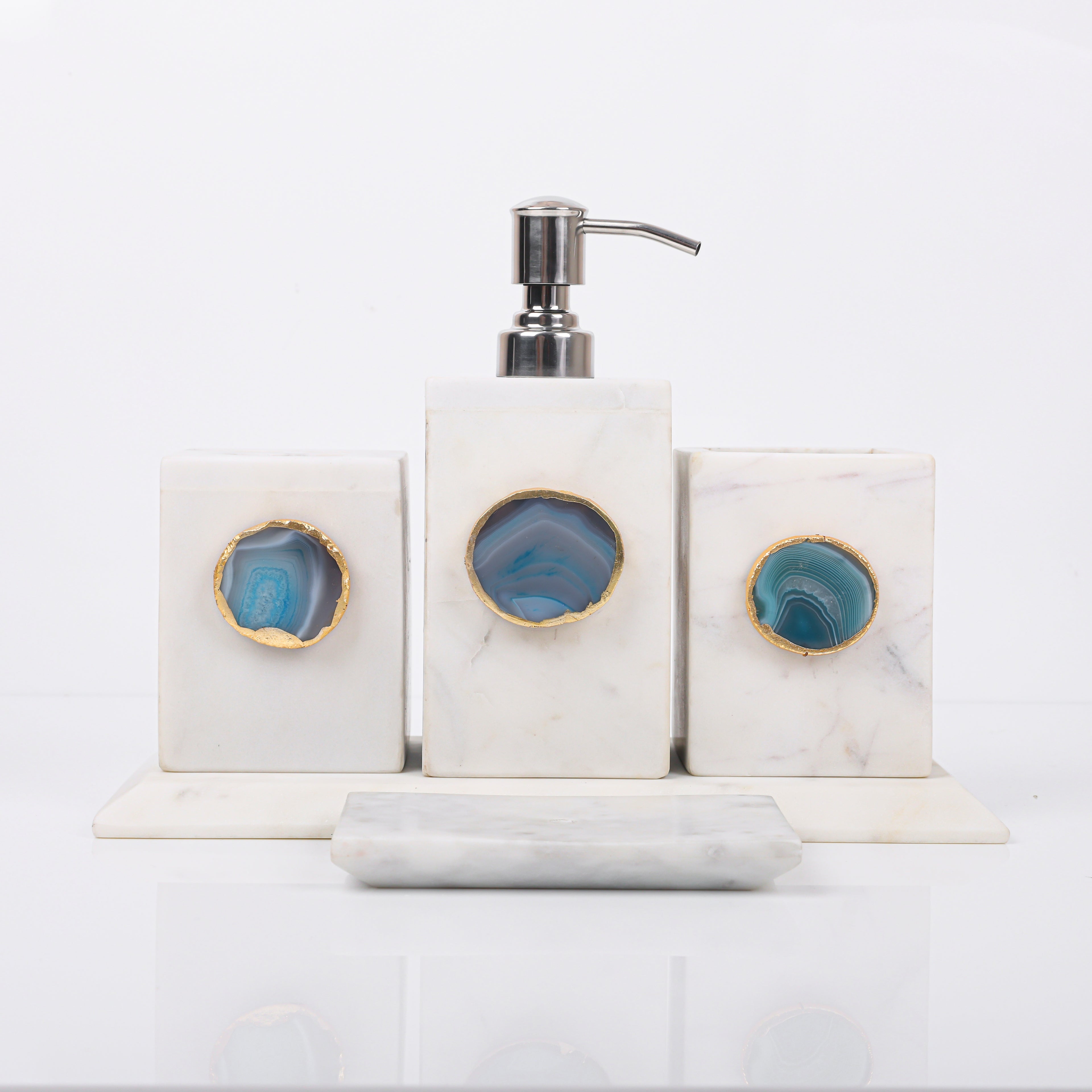 White Marble with Turquoise Agate Bathroom Set, Set of 5