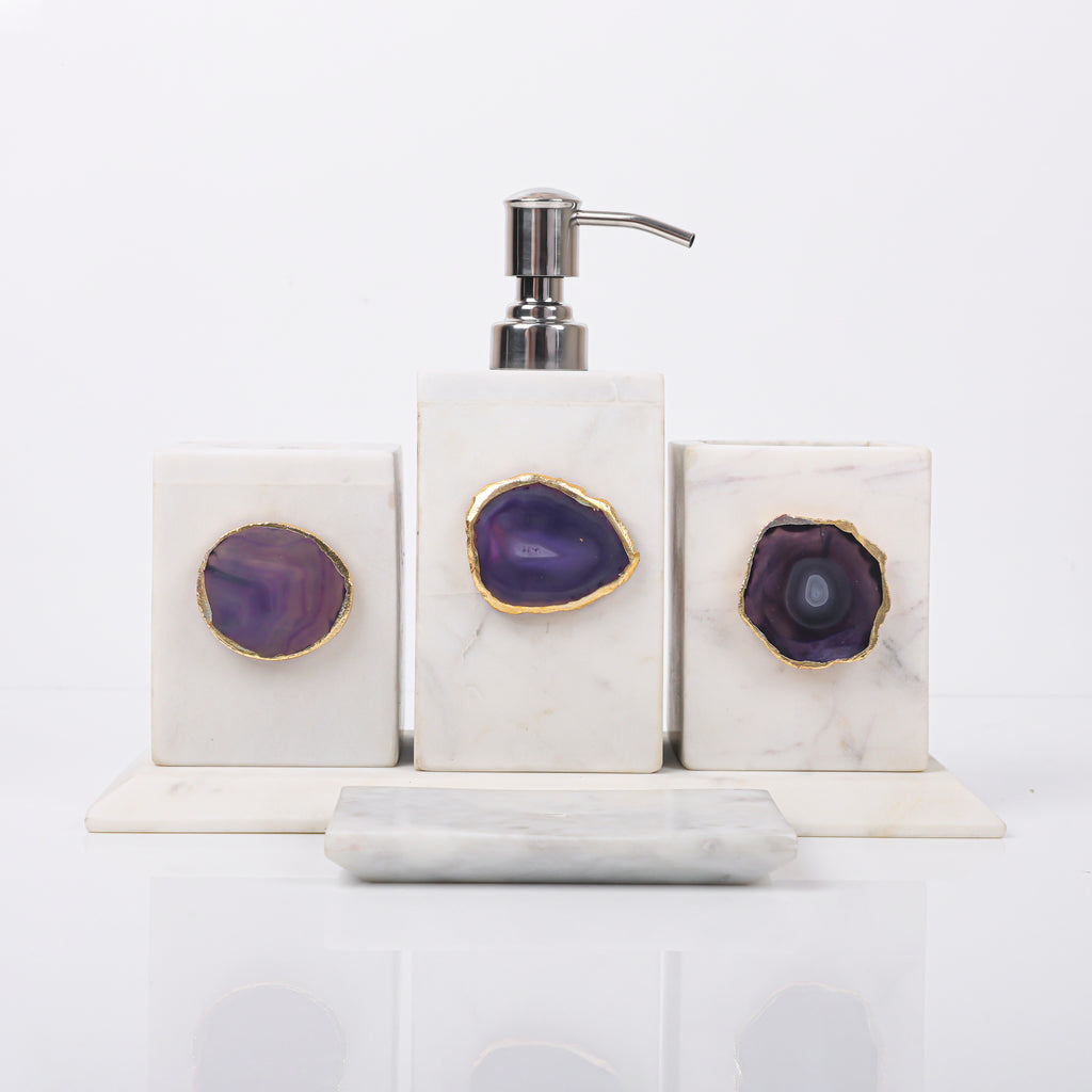 White Marble with Purple Agate Bathroom Set, Set of 5