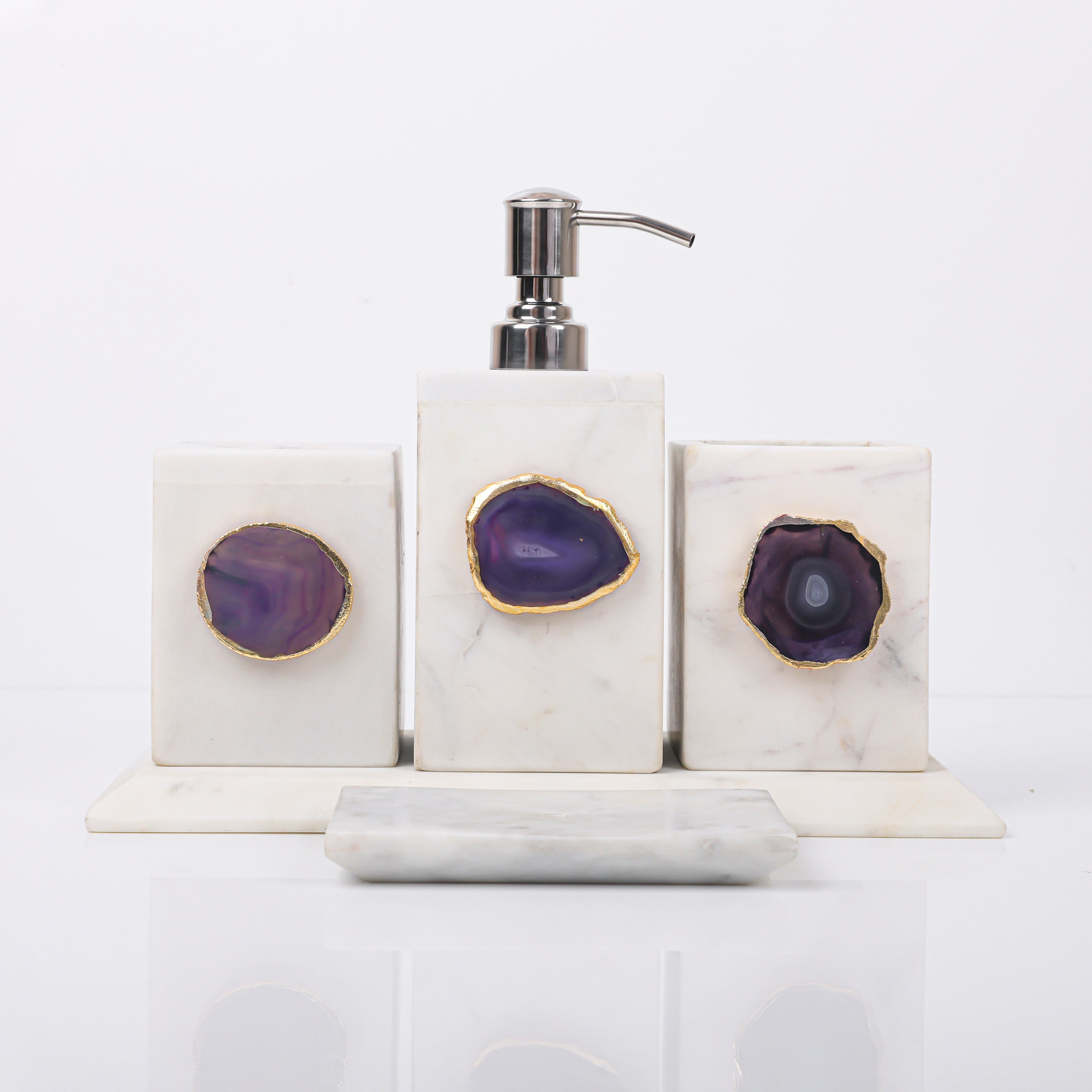 White Marble with Purple Agate Bathroom Set, Set of 5