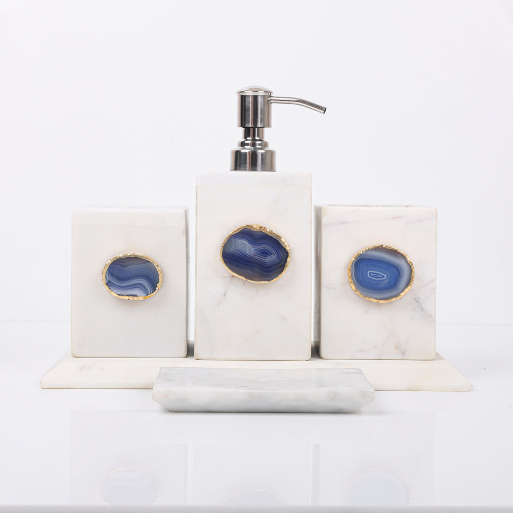 White Marble with Blue Agate Bathroom Set, Set of 5
