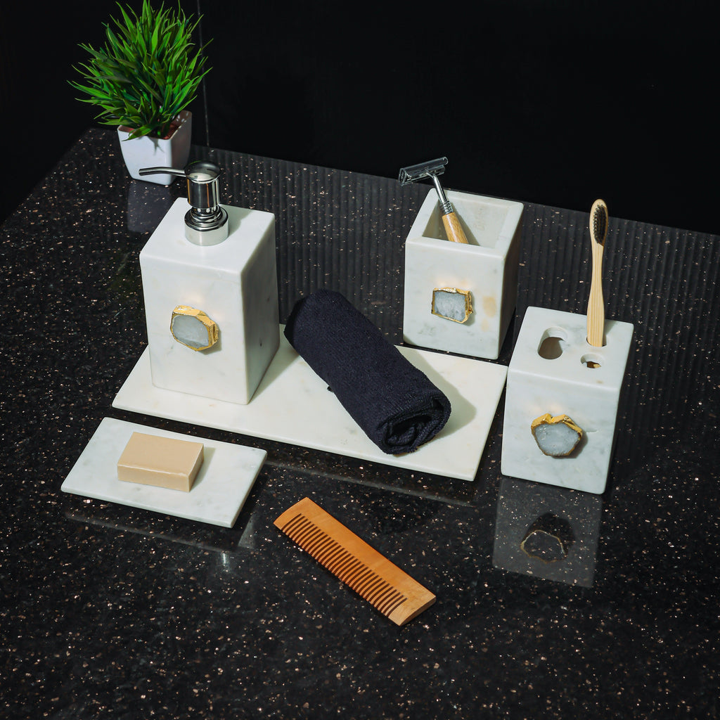 White Marble with White Agate Bathroom Set, Set of 5