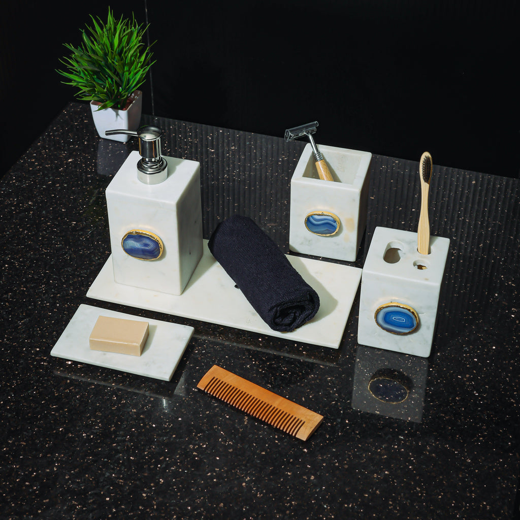 White Marble with Blue Agate Bathroom Set, Set of 5