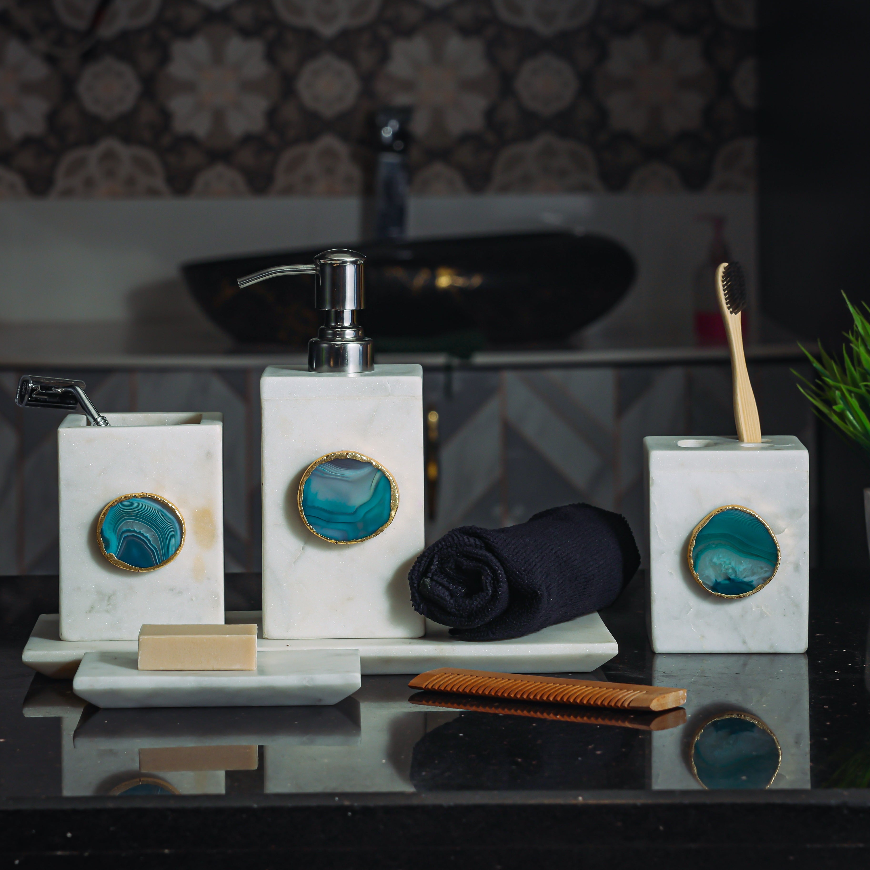 White Marble with Green Agate Bathroom Set, Set of 5