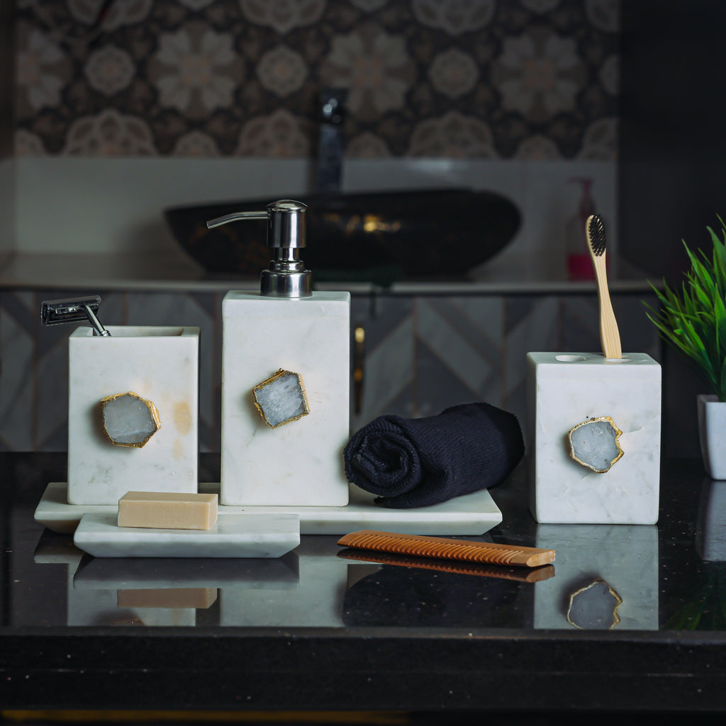 White Marble with White Agate Bathroom Set, Set of 5