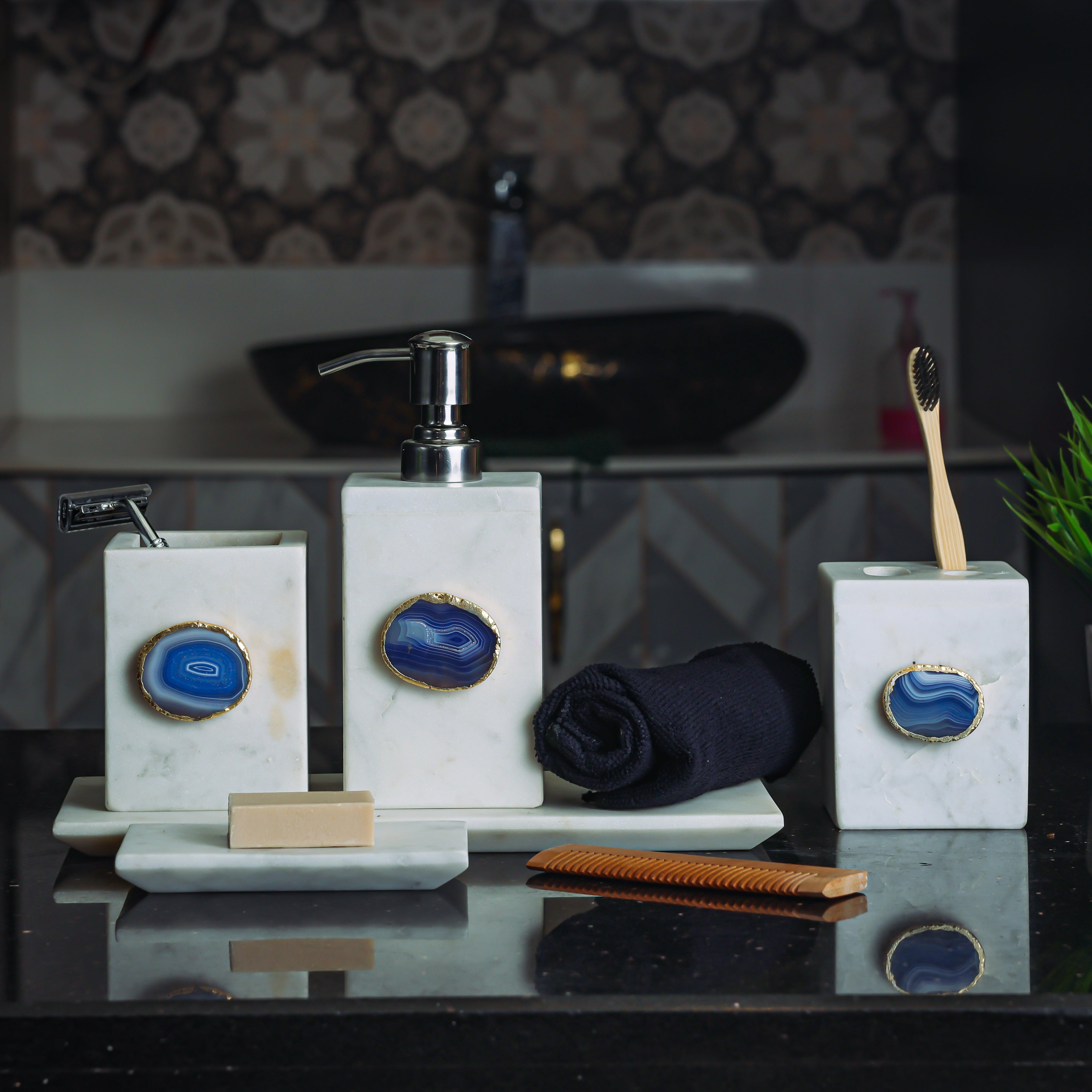 White Marble with Blue Agate Bathroom Set, Set of 5