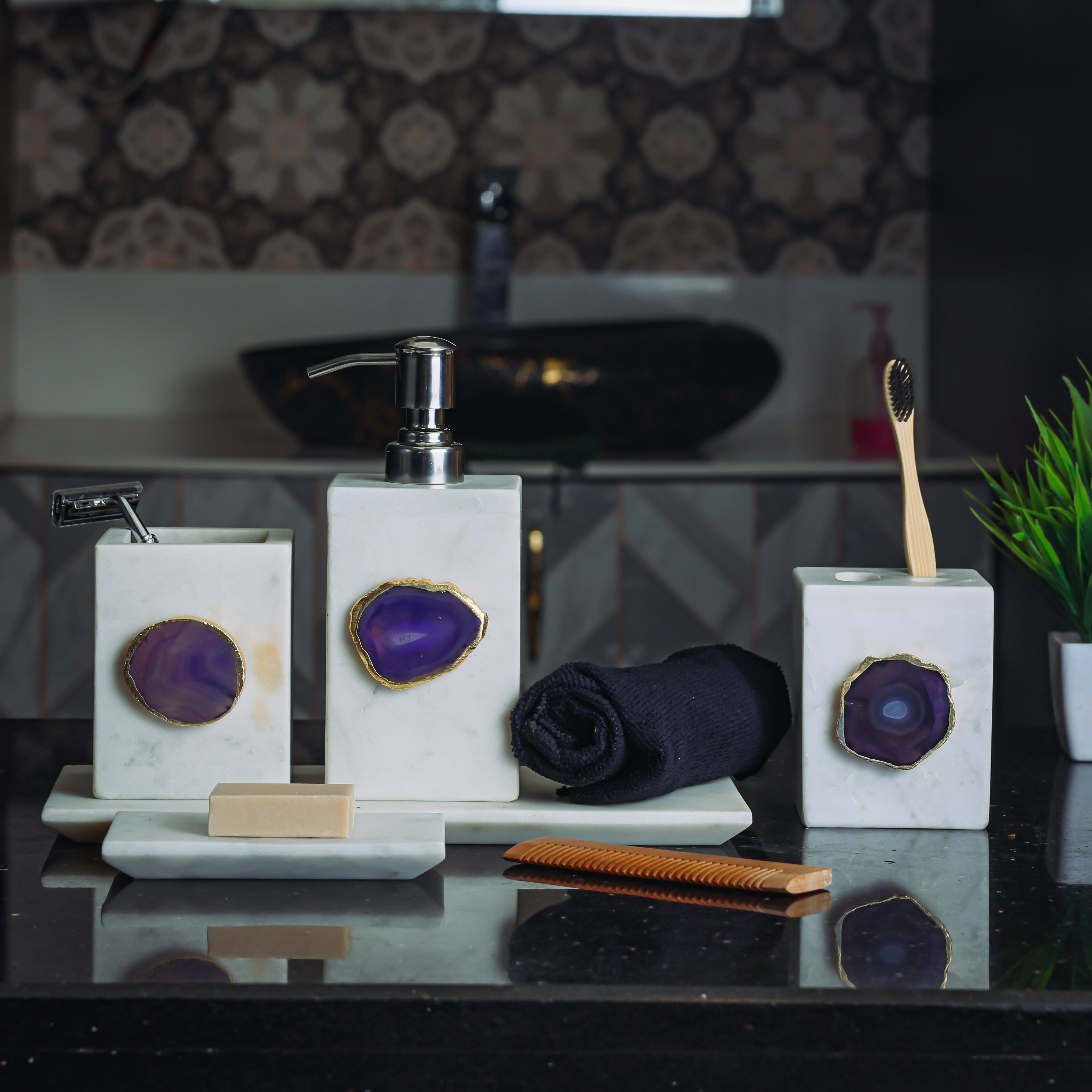 White Marble with Purple Agate Bathroom Set, Set of 5
