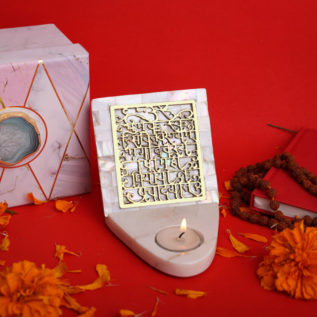 Mother Of Pearl Gaytri Mantra TeaLight Holder