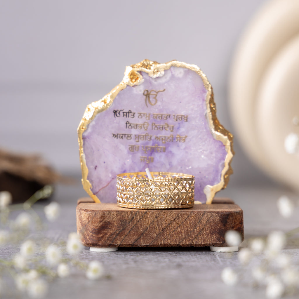 Ik Onkar Mantra Pink Agate Tealight Wooden