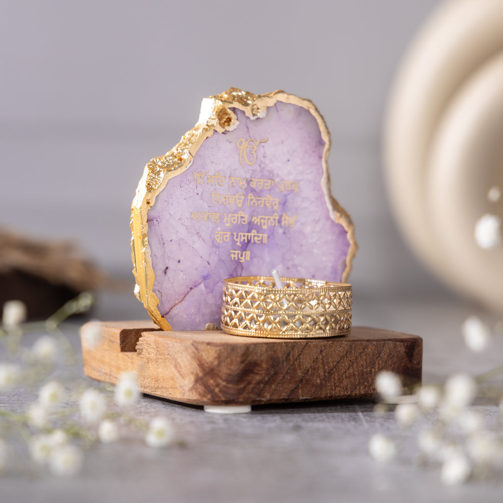 Ik Onkar Mantra Pink Agate Tealight Wooden