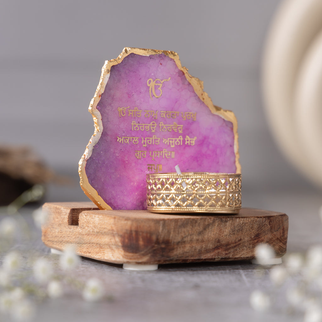 Ik Onkar Mantra Pink Agate Tealight Wooden