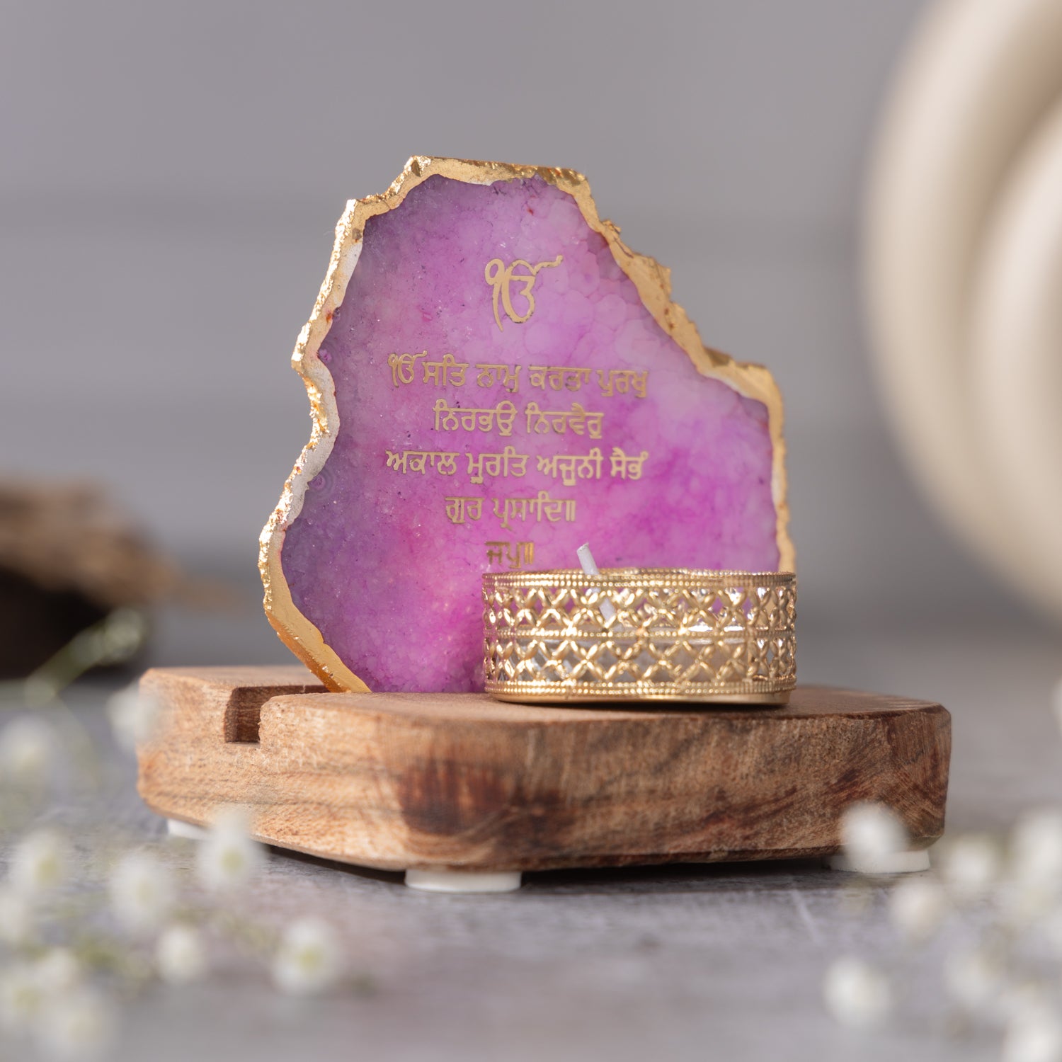 Ik Onkar Mantra Pink Agate Tealight Wooden