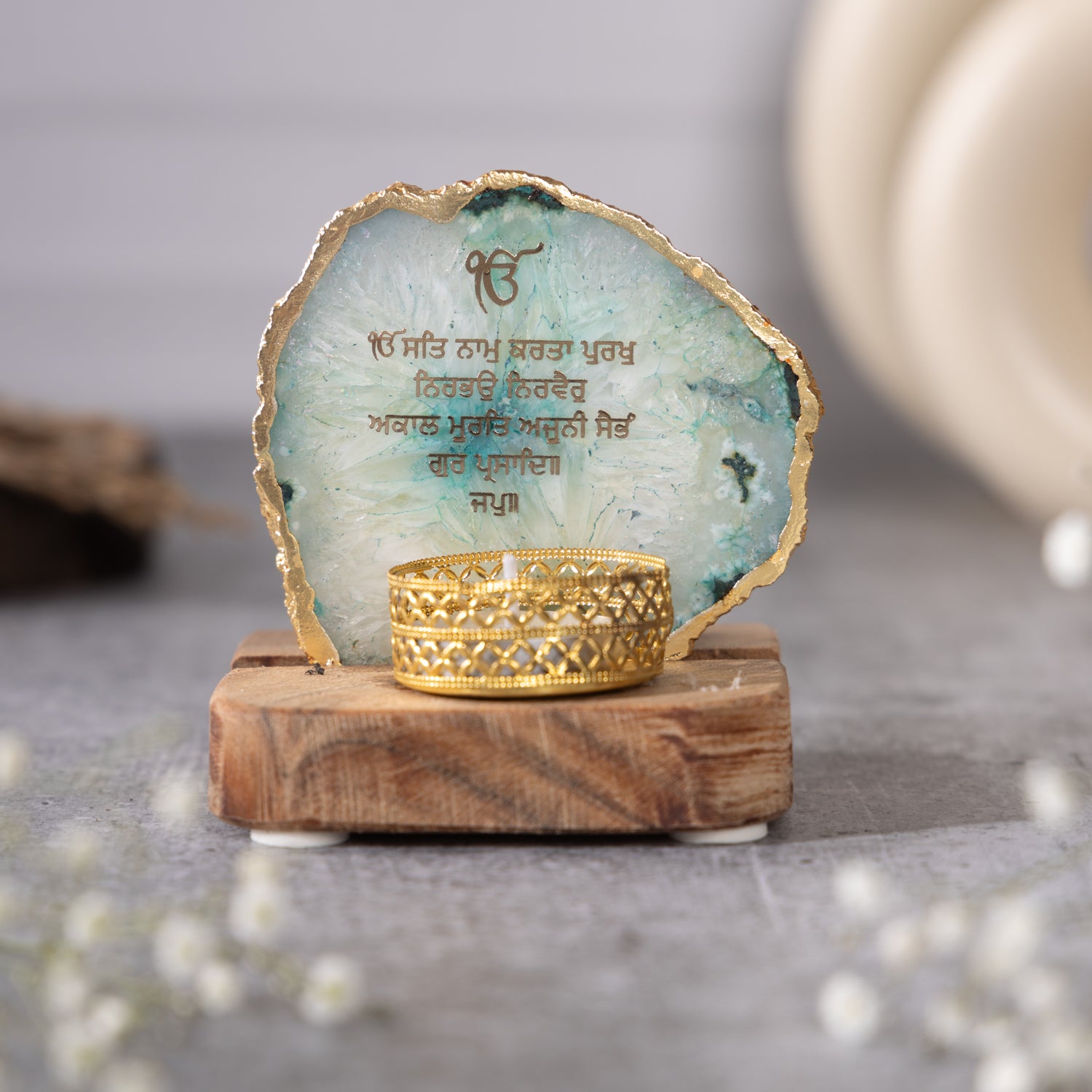 Ik Onkar Mantra Green Agate Tealight Wooden