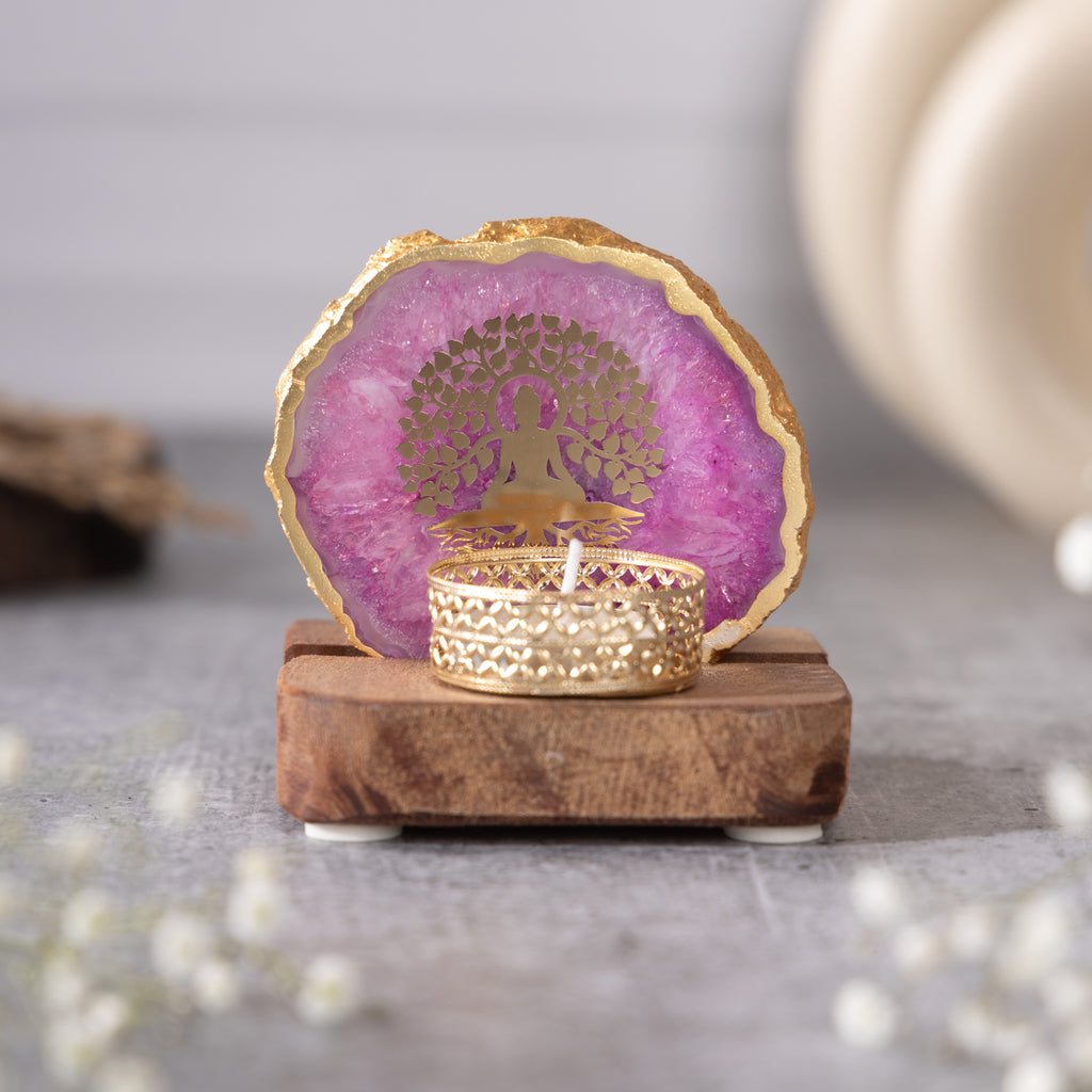 Budha Tree Pink Agate Tealight Wooden
