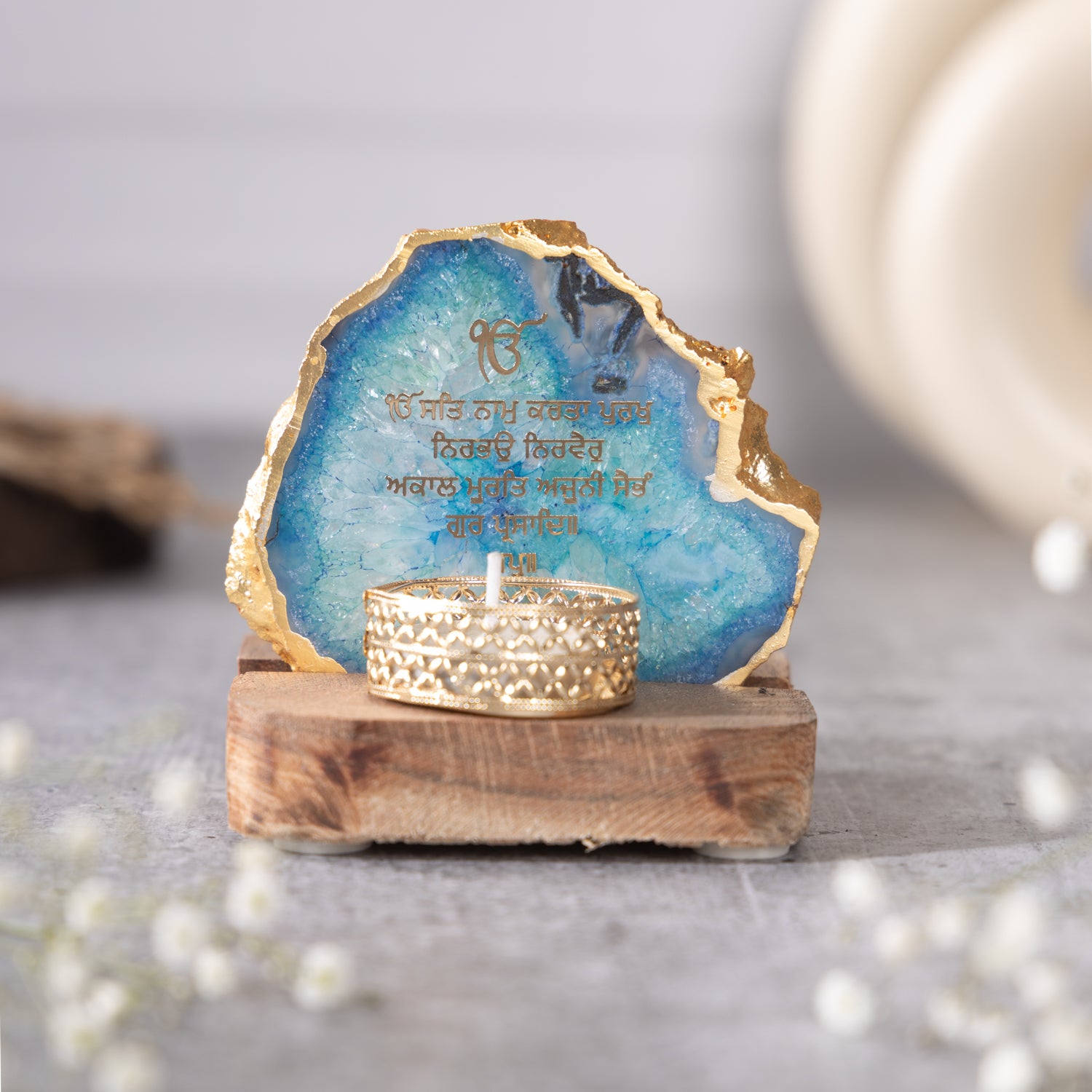 Ik Onkar Mantra Blue Agate Tealight Wooden