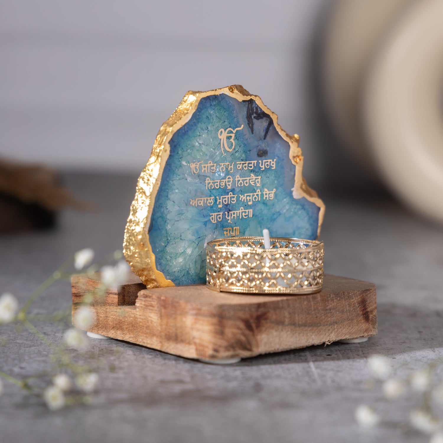 Ik Onkar Mantra Blue Agate Tealight Wooden