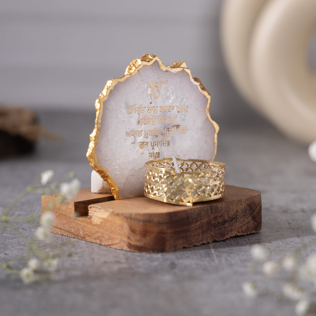 Ik Onkar Mantra White Agate Tealight Wooden