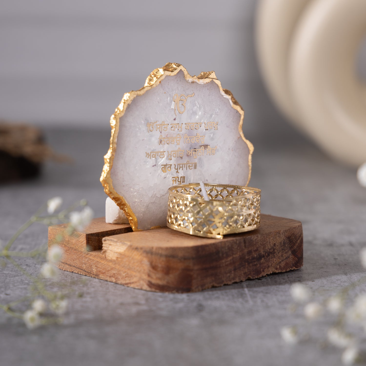 Ik Onkar Mantra White Agate Tealight Wooden