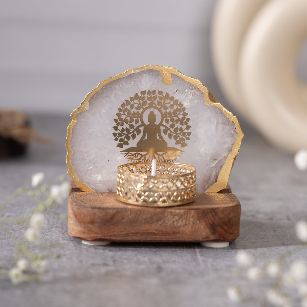 Budha Tree White Agate Tealight Wooden