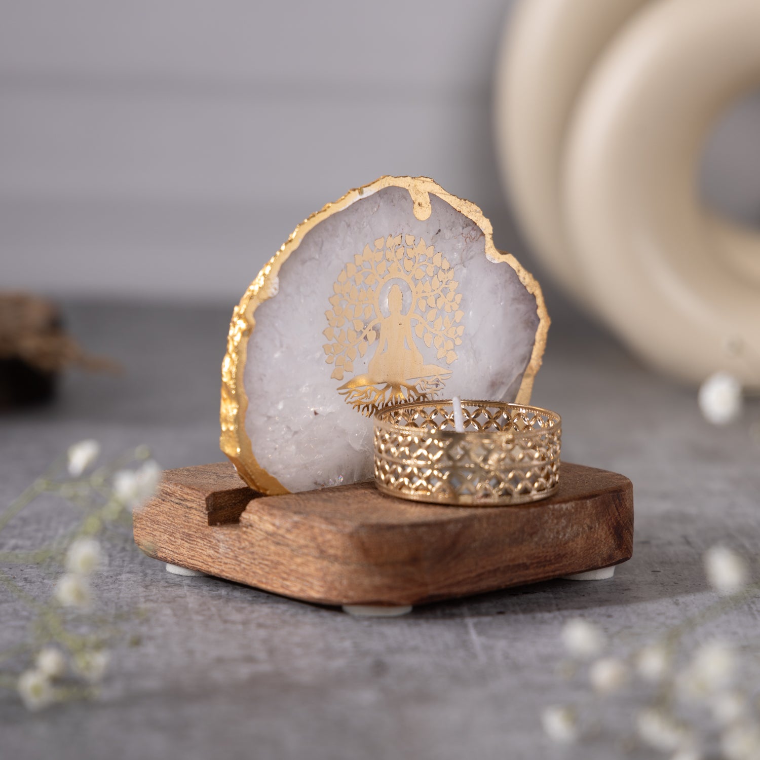 Budha Tree White Agate Tealight Wooden