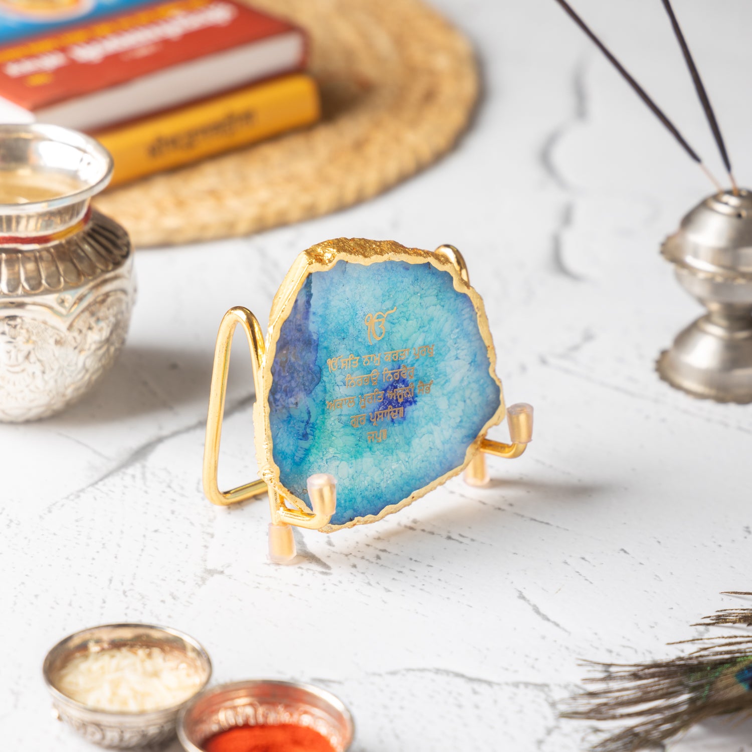 Ik Onkar Mantra Blue Agate Metal Showpeice