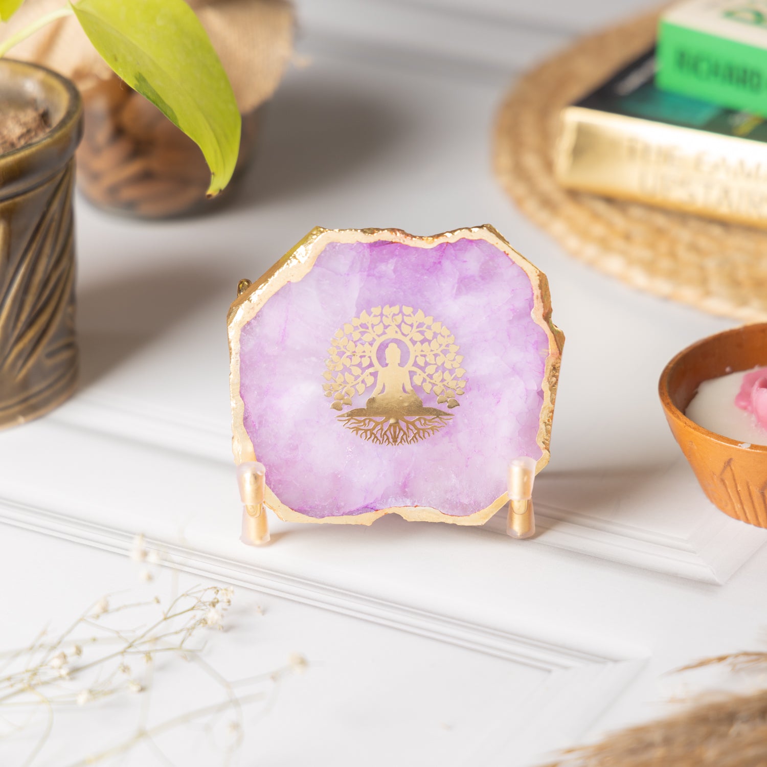 Budha Tree Pink Agate Metal Showpeice