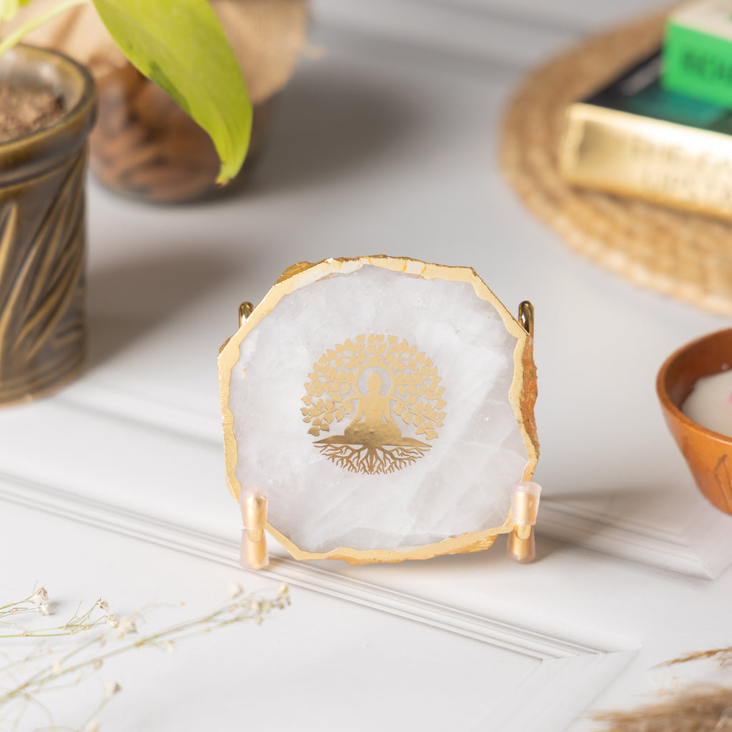Budha Tree White Agate Metal Showpeice