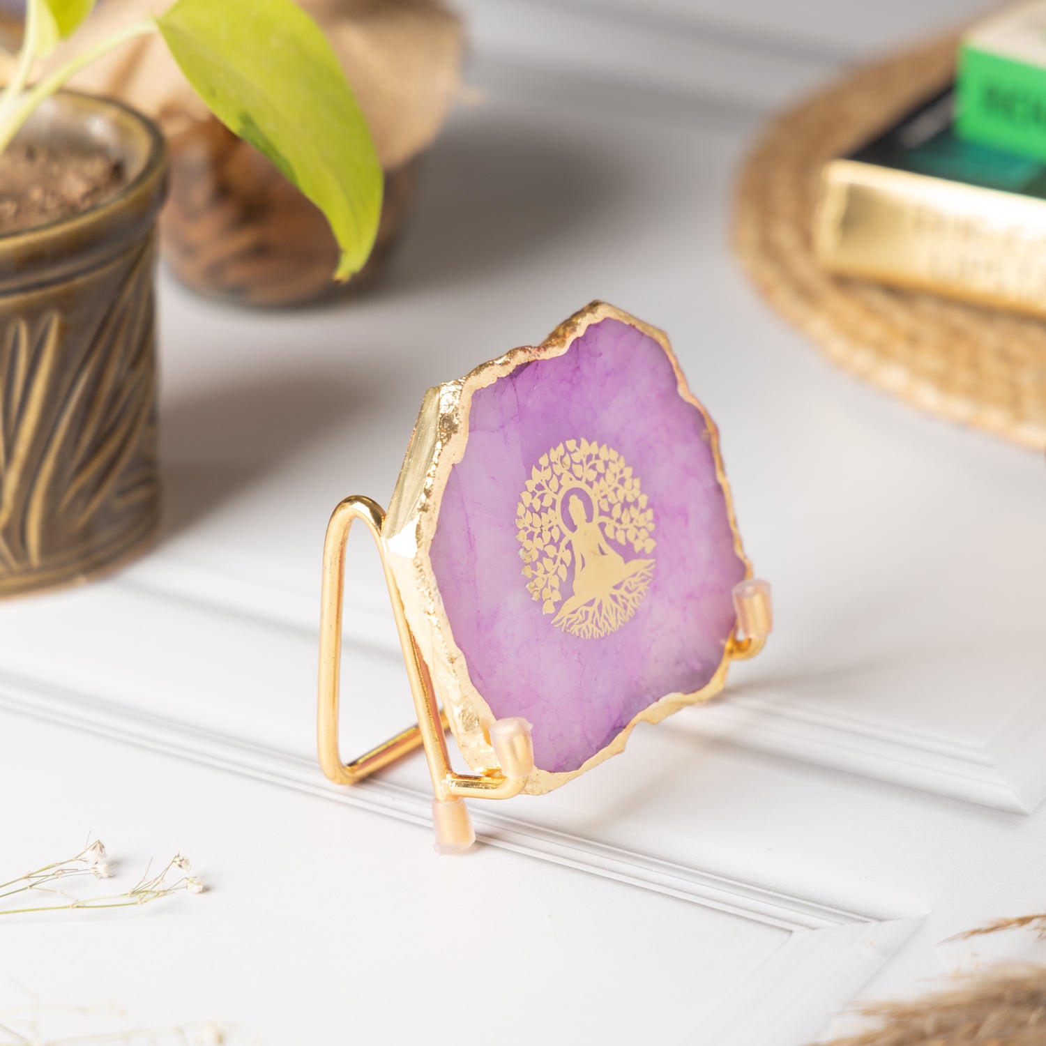 Budha Tree Pink Agate Metal Showpeice