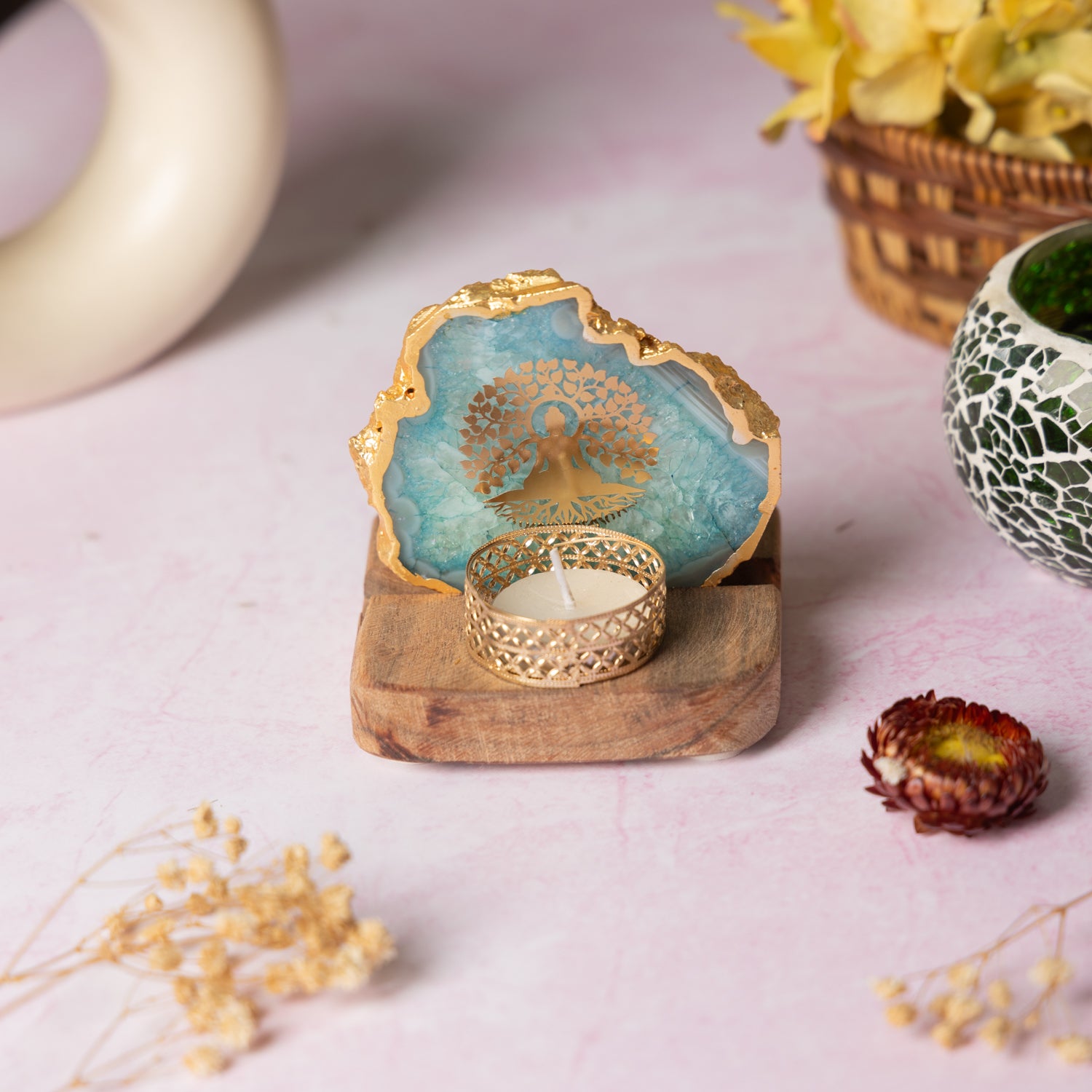 Budha Tree Turquoise Agate Tealight Wooden