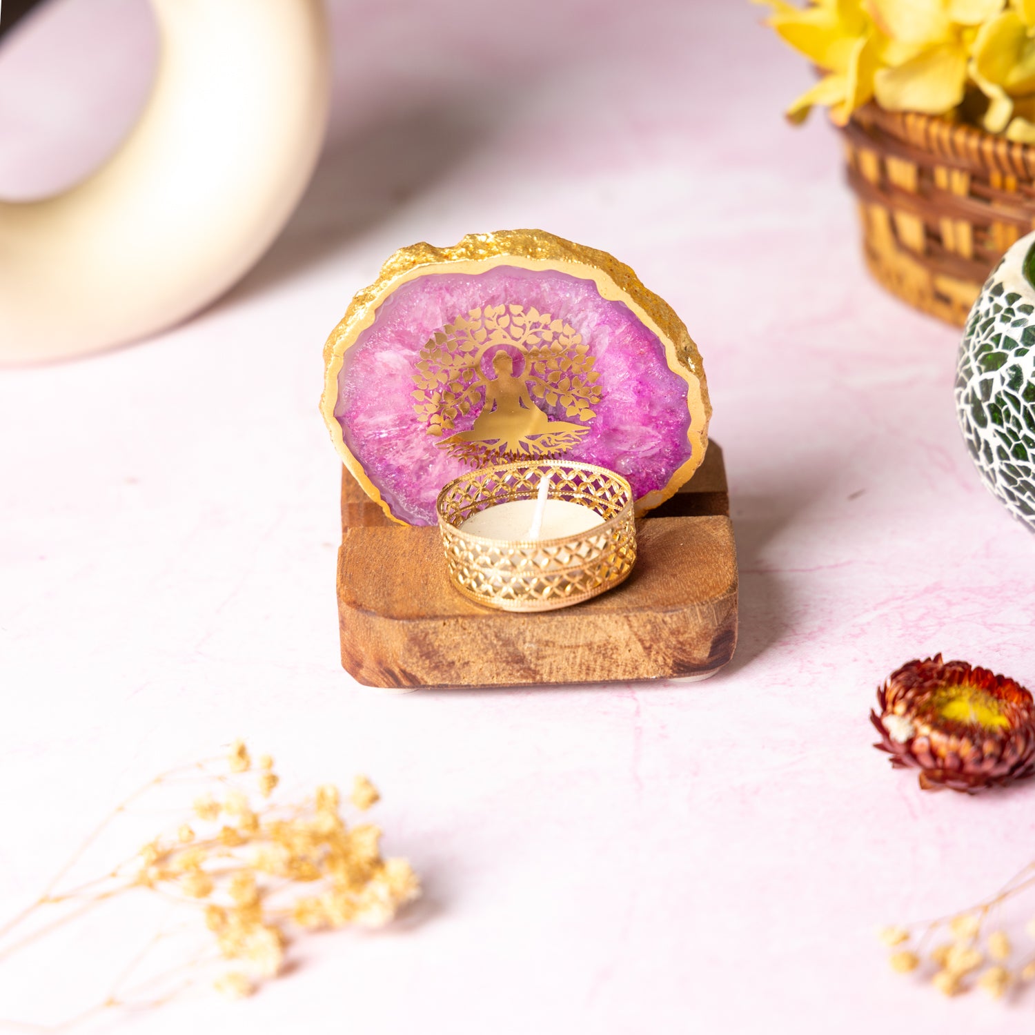 Budha Tree Pink Agate Tealight Wooden
