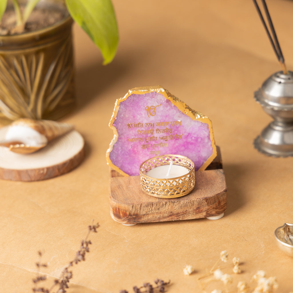 Ik Onkar Mantra Pink Agate Tealight Wooden