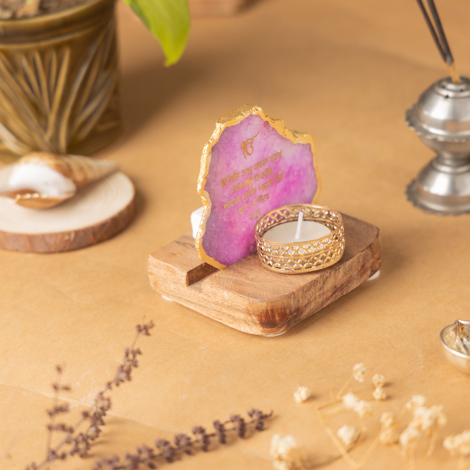 Ik Onkar Mantra Pink Agate Tealight Wooden