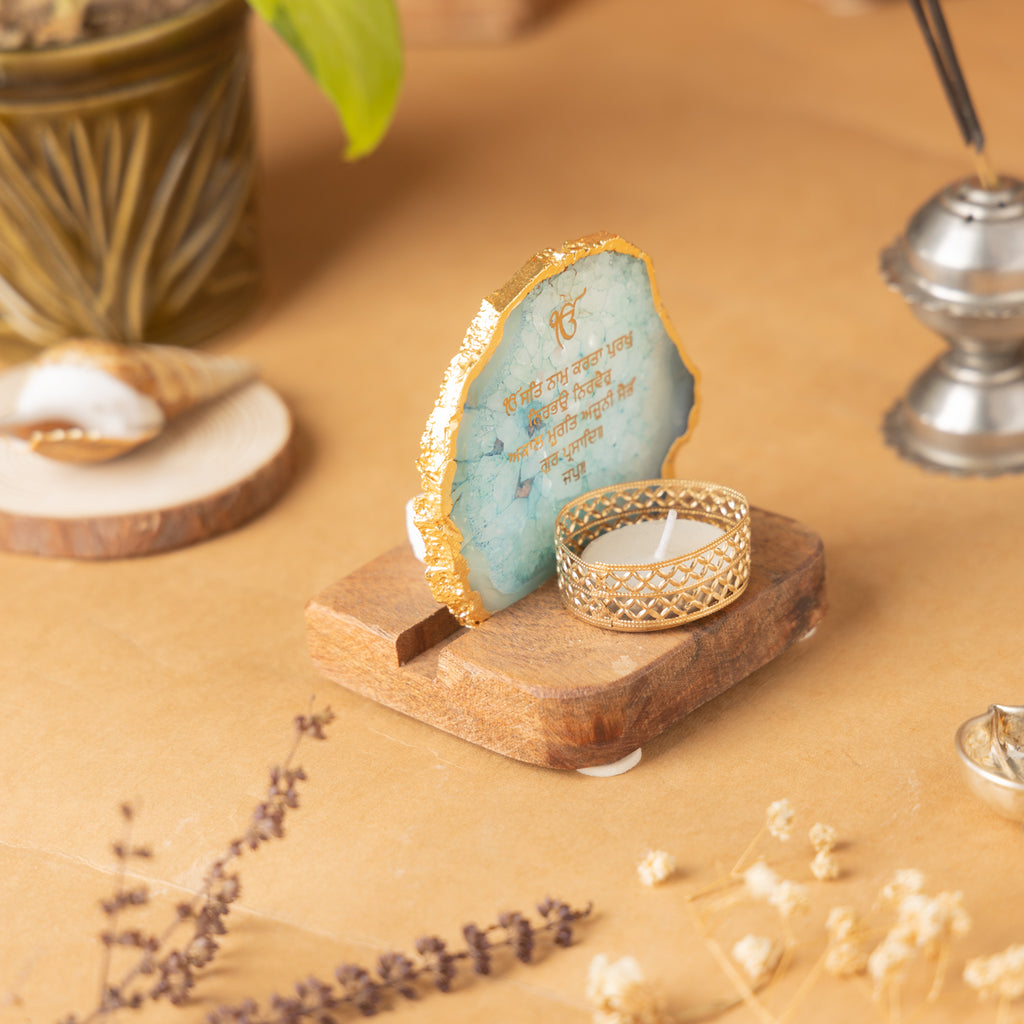 Ik Onkar Mantra Turquoise Agate Tealight Wooden