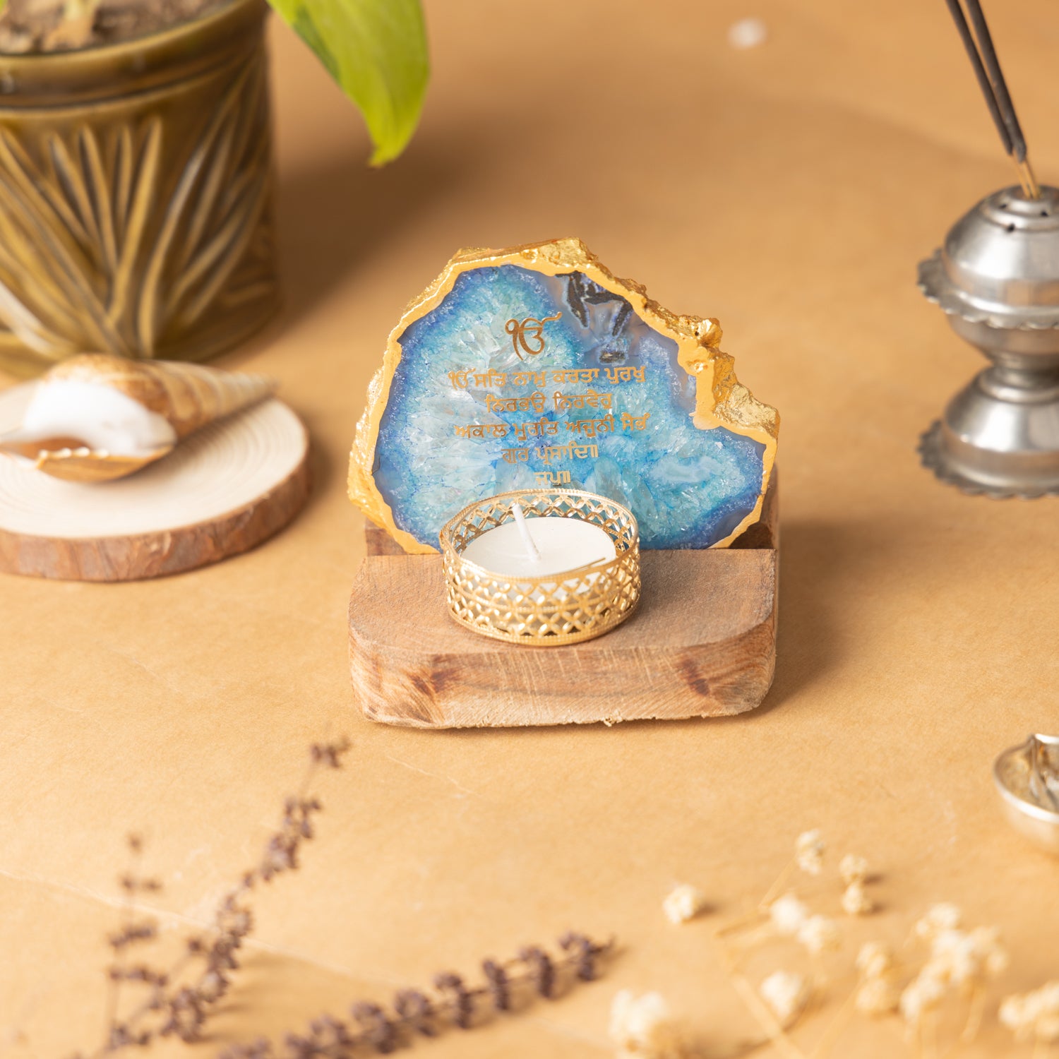 Ik Onkar Mantra Blue Agate Tealight Wooden