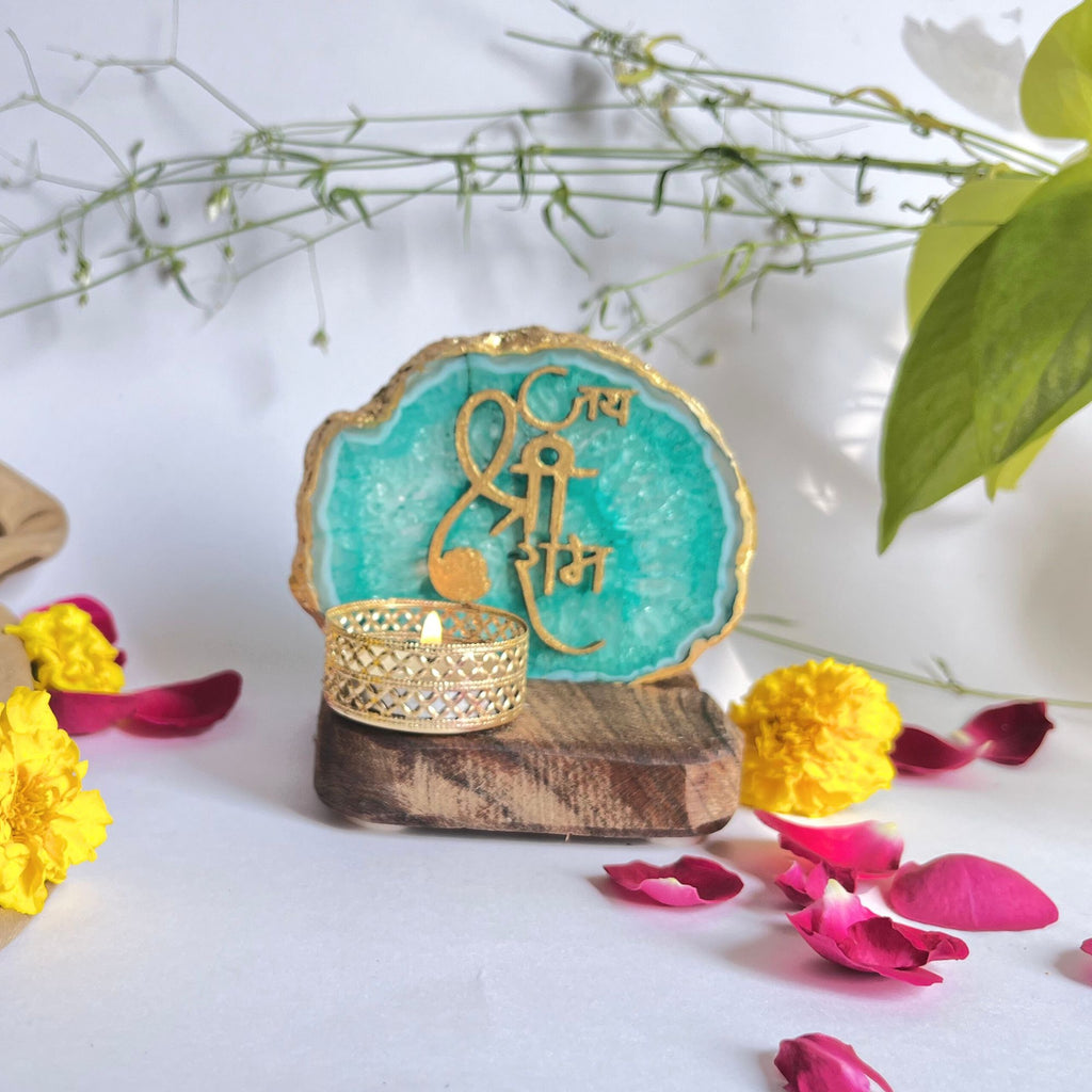 Jai Shree Ram Agate Tea Light Holder with Wood Stand