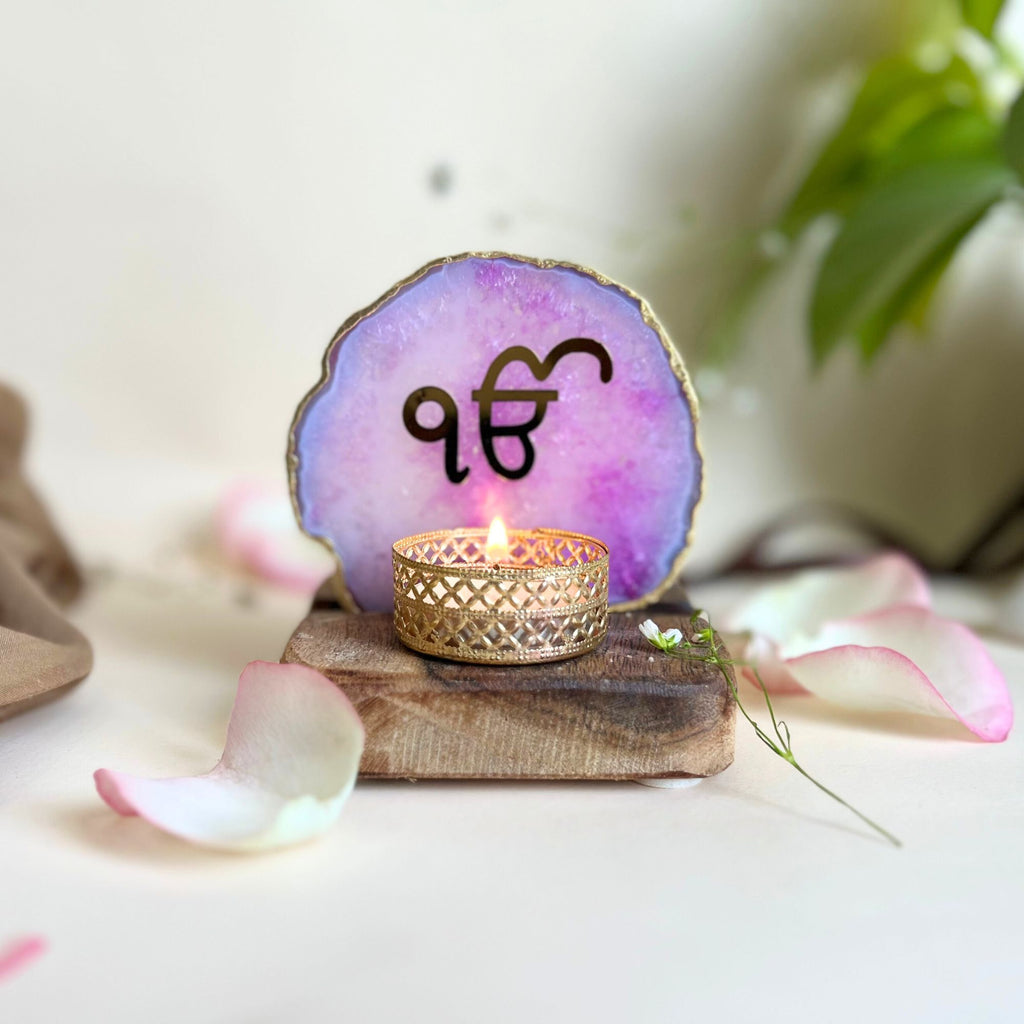 Ik Onkar Tea Light Holder Agate with Wood Stand