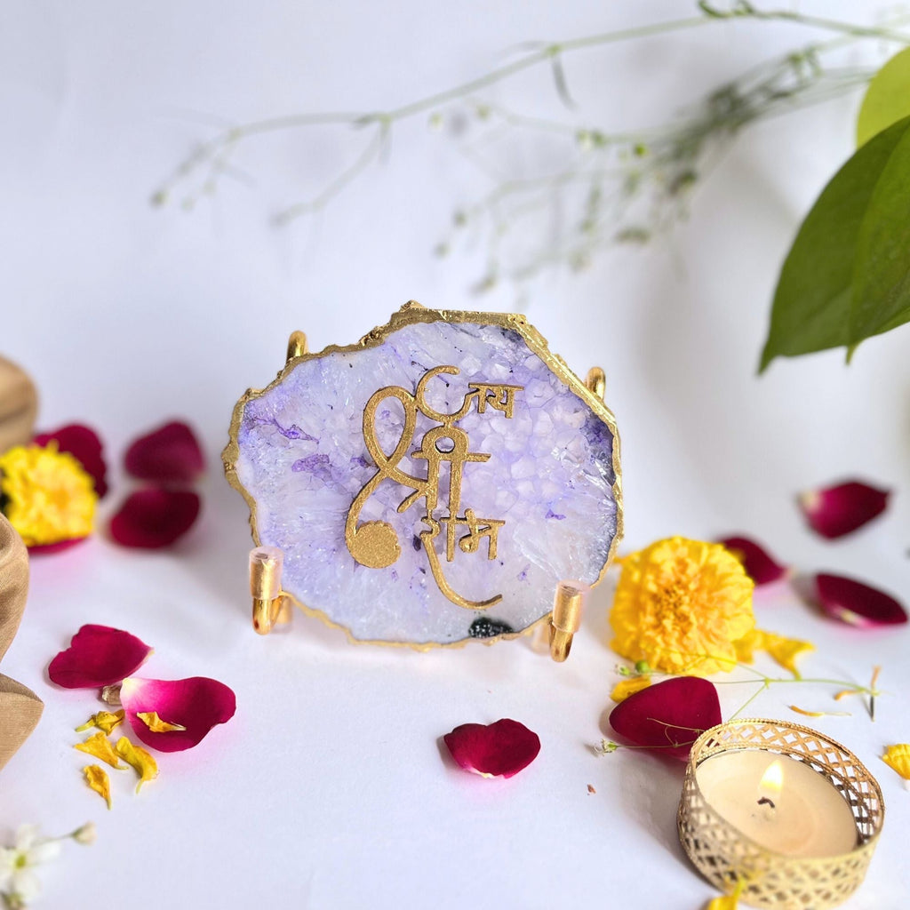 Jai Shree Ram- Pink Agate  Metal Stand