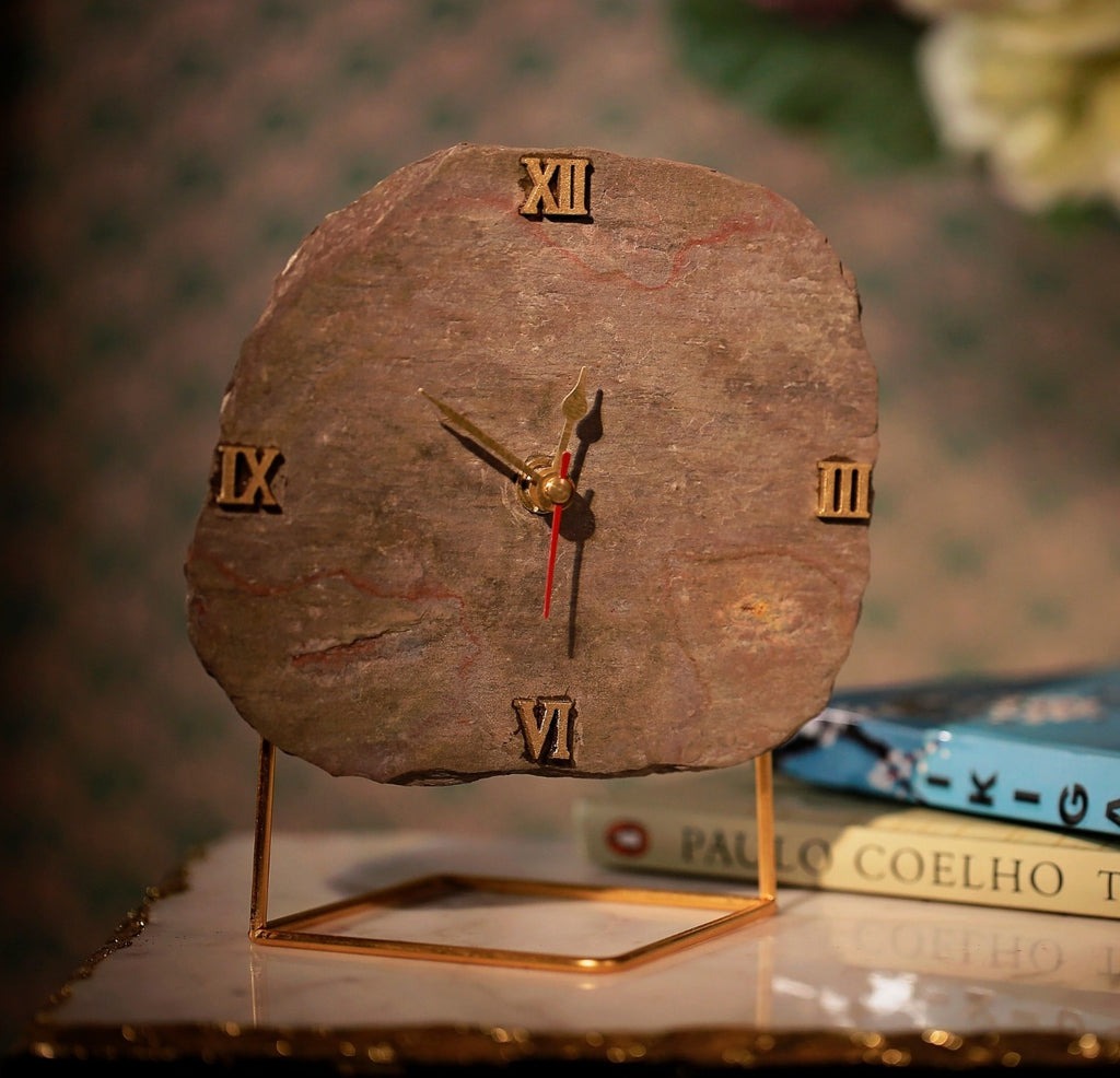 Natural Brown Peacock Slate Desktop Clock