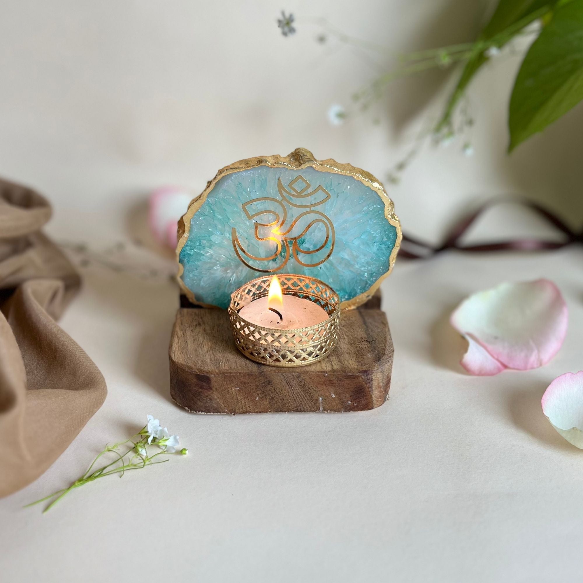 OM Agate Tea Light Holder with Wood Stand