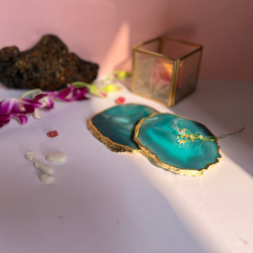 Turquoise  Natural Brazilian Agate Coaster With  Gold Plating