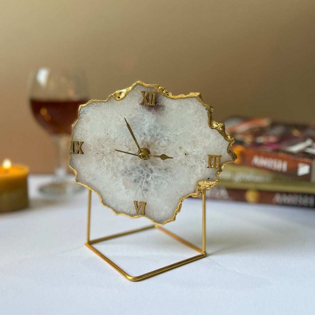 White Crystal Agate Desktop Clock With Metal Stand