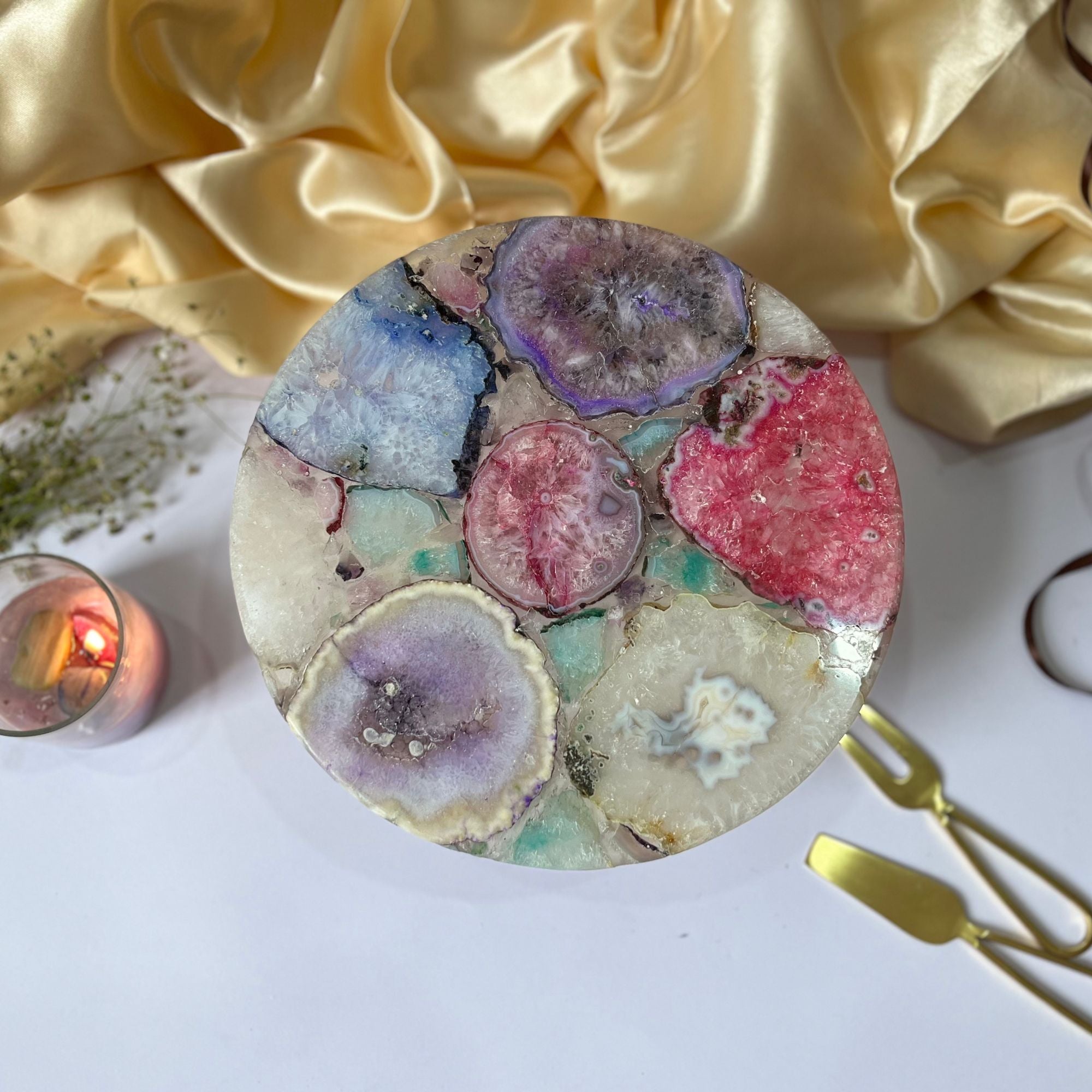 Multicolor Agate Cake Stand with Wooden Base - 10 Inches