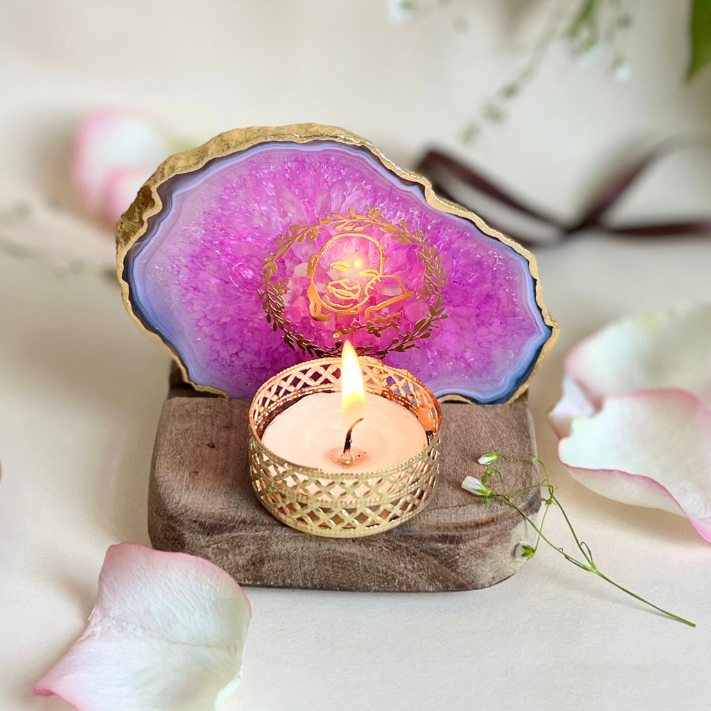 GURU JEE Agate Tea Light Holder with Wood Stand