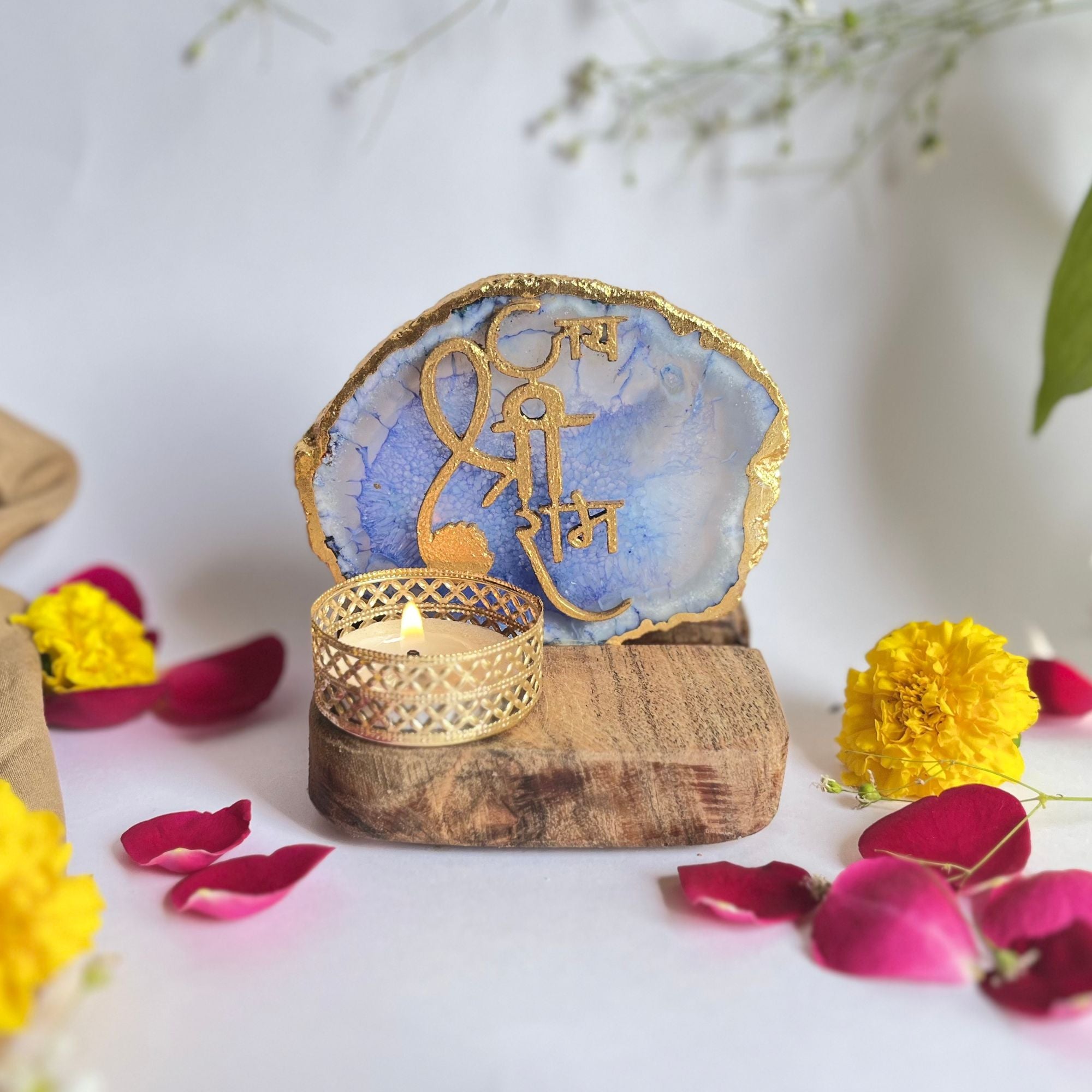 Jai Shree Ram Agate Tea Light Holder with Wood Stand