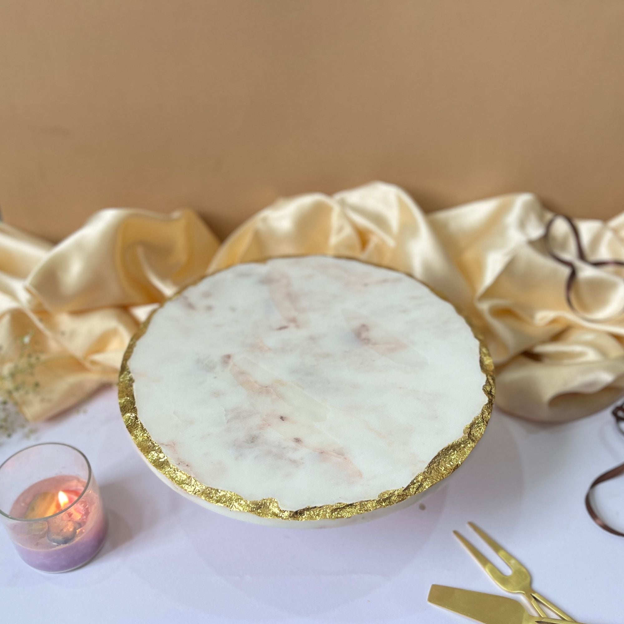 Marble Gold Plated Cake Stand with Wooden Base - 10 Inches