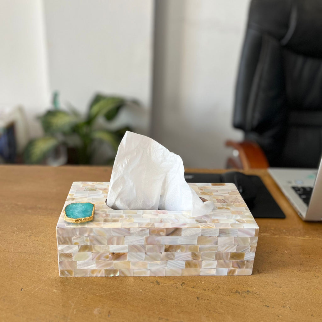 Green Agate with  Mother of Pearl Tissue Box Holder