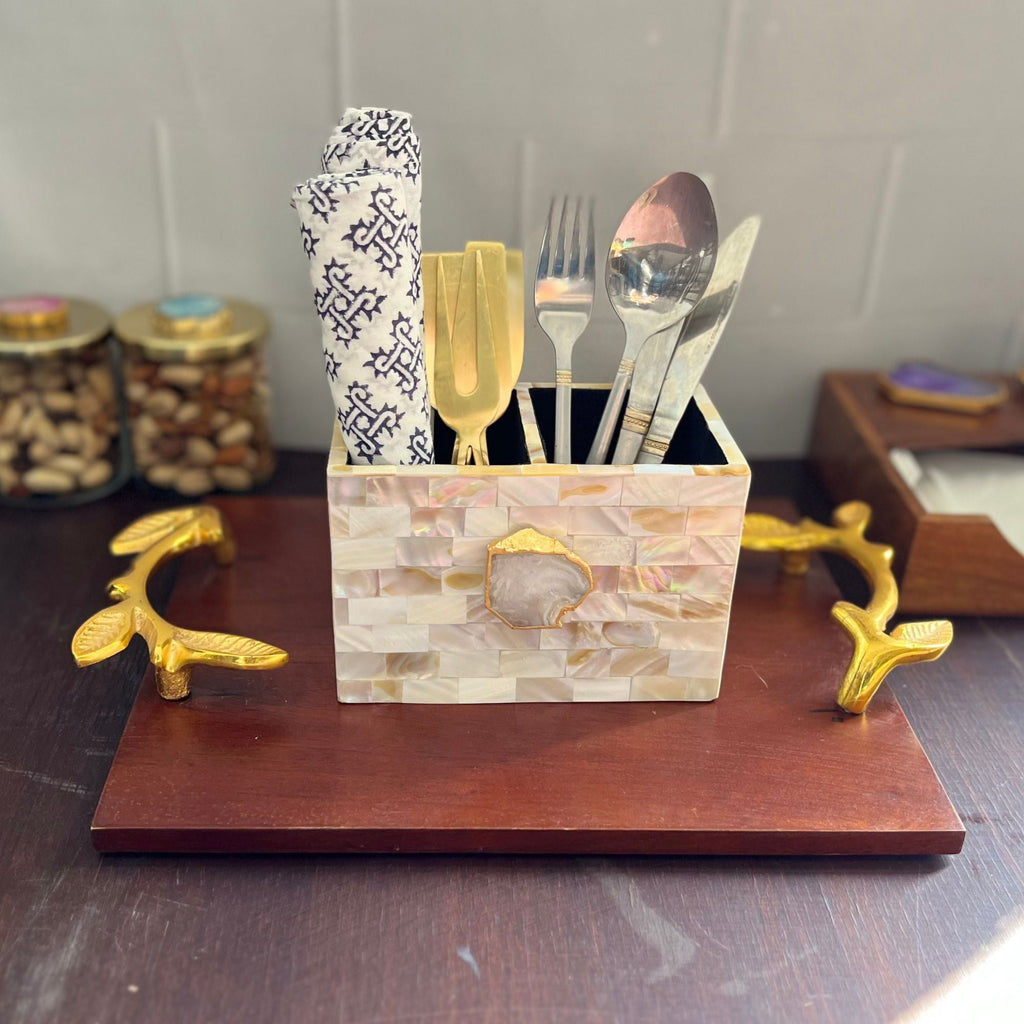 White Agate  With Mother Of Pearl  Cutlery Holder