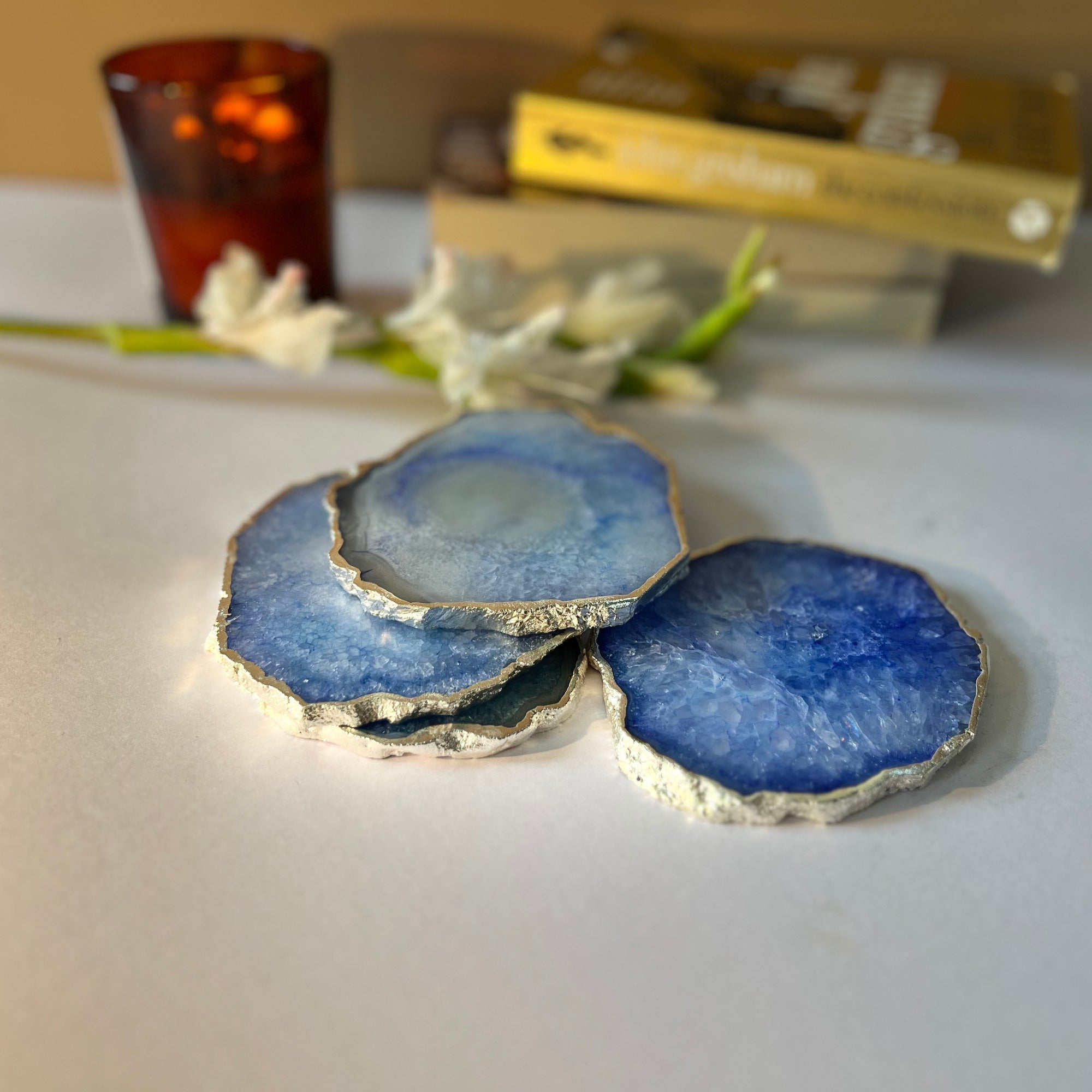 White  Crystal Agate Coaster With Silver Plating